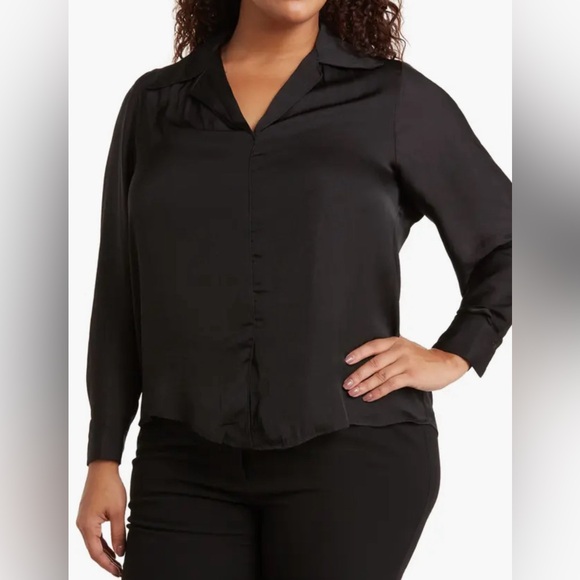 NWT T TAHARI Black Poet Sleeve Button Up Blouse Top 1X 14 16 $88 - Picture 1 of 3